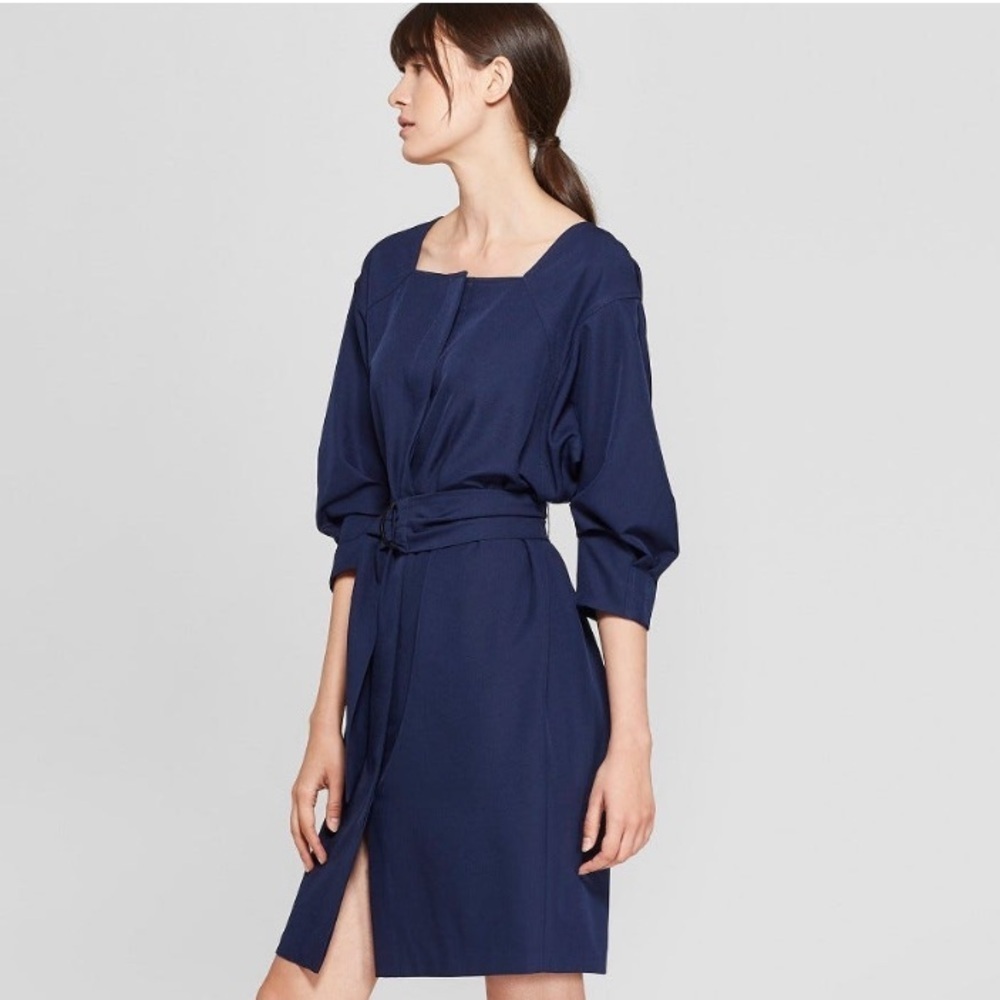 Prologue Elegant Navy Blue 3/4 Sleeve Square Neck Belted Dress Size XXL NWT